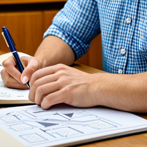 Home 17 A professional student in modest, appropriate attire, seated at a clean wooden desk. They are deeply focused on active note-taking, with one hand holding a pen over an open notebook displaying a detailed mind map. The mind map features interconnected concepts and subtle, abstract diagrams, illustrating deep understanding. The background is a bright, well-organized study room with a bookshelf filled with academic texts. Perfect anatomy, correct proportions, natural pose, well-formed hands, proper finger count, professional photography, high quality, safe for work, appropriate content, fully clothed, professional.