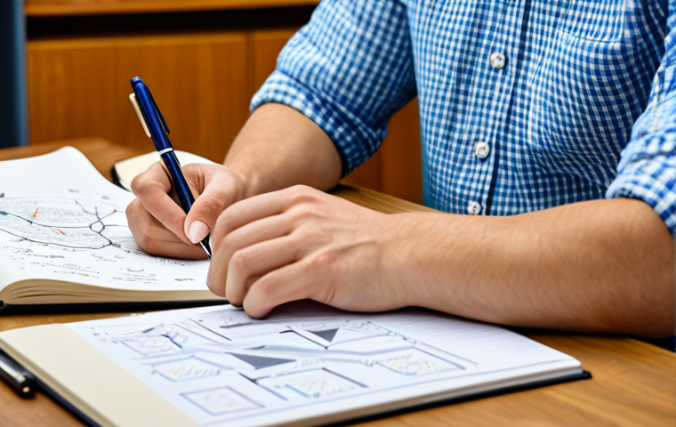 A professional student in modest, appropriate attire, seated at a clean wooden desk. They are deeply focused on active note-taking, with one hand holding a pen over an open notebook displaying a detailed mind map. The mind map features interconnected concepts and subtle, abstract diagrams, illustrating deep understanding. The background is a bright, well-organized study room with a bookshelf filled with academic texts. Perfect anatomy, correct proportions, natural pose, well-formed hands, proper finger count, professional photography, high quality, safe for work, appropriate content, fully clothed, professional.