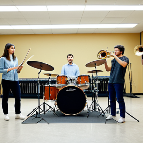 Home 4 연주가 실기 시험 대비 그룹 연습 팁 - Band Practicing in a Rehearsal Room**
"A musical band fully clothed in casual attire rehearsing in ...