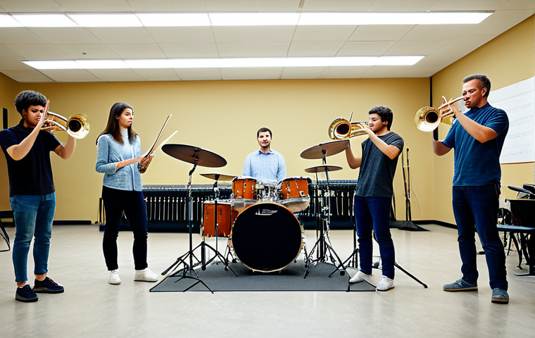 연주가 실기 시험 대비 그룹 연습 팁 - Band Practicing in a Rehearsal Room**
"A musical band fully clothed in casual attire rehearsing in ...
