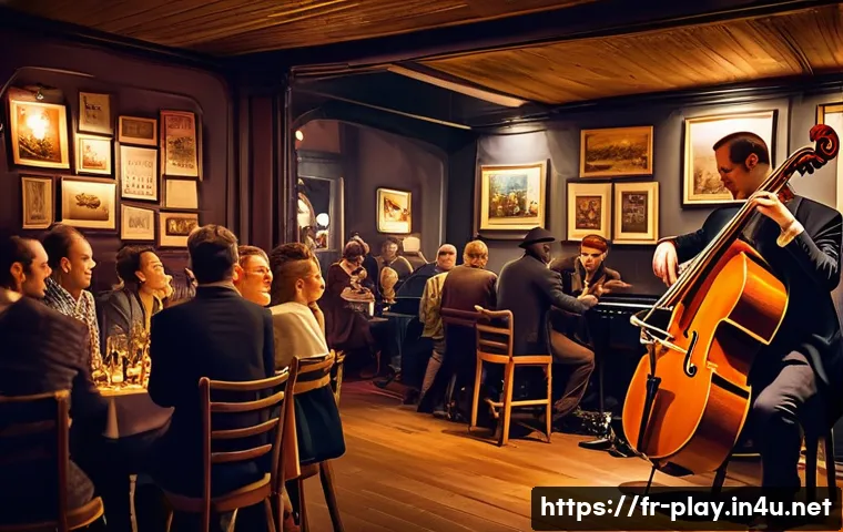 연주가로서 네트워크를 확장하는 방법 - A lively jazz club scene in Paris during the evening, featuring a diverse group of musicians passion...
