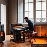 연주가가 꼭 알아야 할 음악 장비 - A detailed scene of a cozy home music studio in a French apartment, featuring a musician adjusting a...