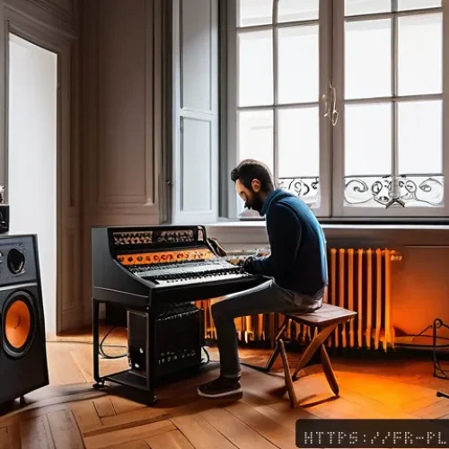 연주가가 꼭 알아야 할 음악 장비 - A detailed scene of a cozy home music studio in a French apartment, featuring a musician adjusting a...