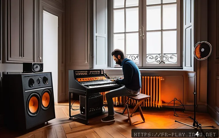 연주가가 꼭 알아야 할 음악 장비 - A detailed scene of a cozy home music studio in a French apartment, featuring a musician adjusting a...