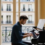 연주가가 실기 시험 후 피드백 받는 방법 - A focused young adult musician sitting at a polished wooden piano in a bright Parisian apartment, re...