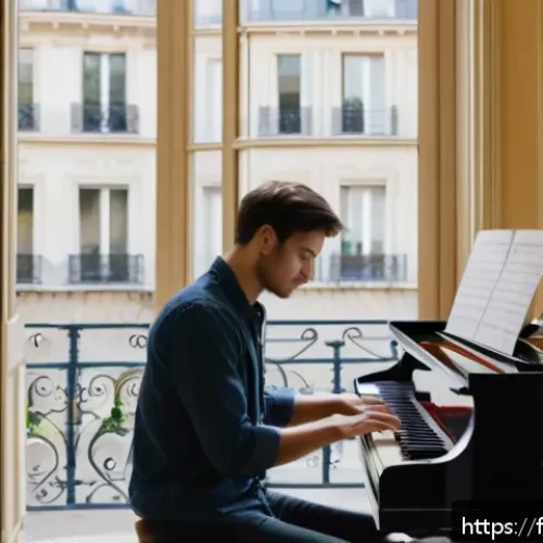 연주가가 실기 시험 후 피드백 받는 방법 - A focused young adult musician sitting at a polished wooden piano in a bright Parisian apartment, re...