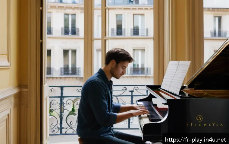 연주가가 실기 시험 후 피드백 받는 방법 - A focused young adult musician sitting at a polished wooden piano in a bright Parisian apartment, re...