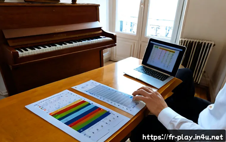 연주가 업무 사례 분석 - Photorealistic French concert pianist in a bright Parisian home office, seated at a wooden desk besi...