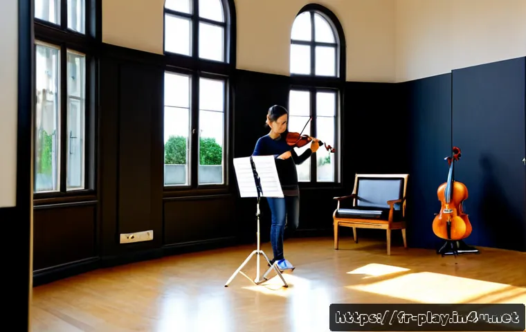 Home 17 연주가 실기 연습실 선택 요령 - Photorealistic French conservatory practice room selection scene, a young adult violinist in modest ...