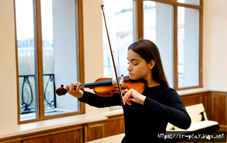 Home 17 연주가가 알아야 할 연주법 트렌드 - Photorealistic contemporary classical violinist practicing advanced bowing technique in a bright Par...