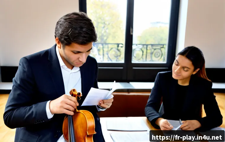 연주가를 위한 연봉 협상 시뮬레이션 - Photorealistic French classical violinist in a smart dark blazer sitting across from a career manage...